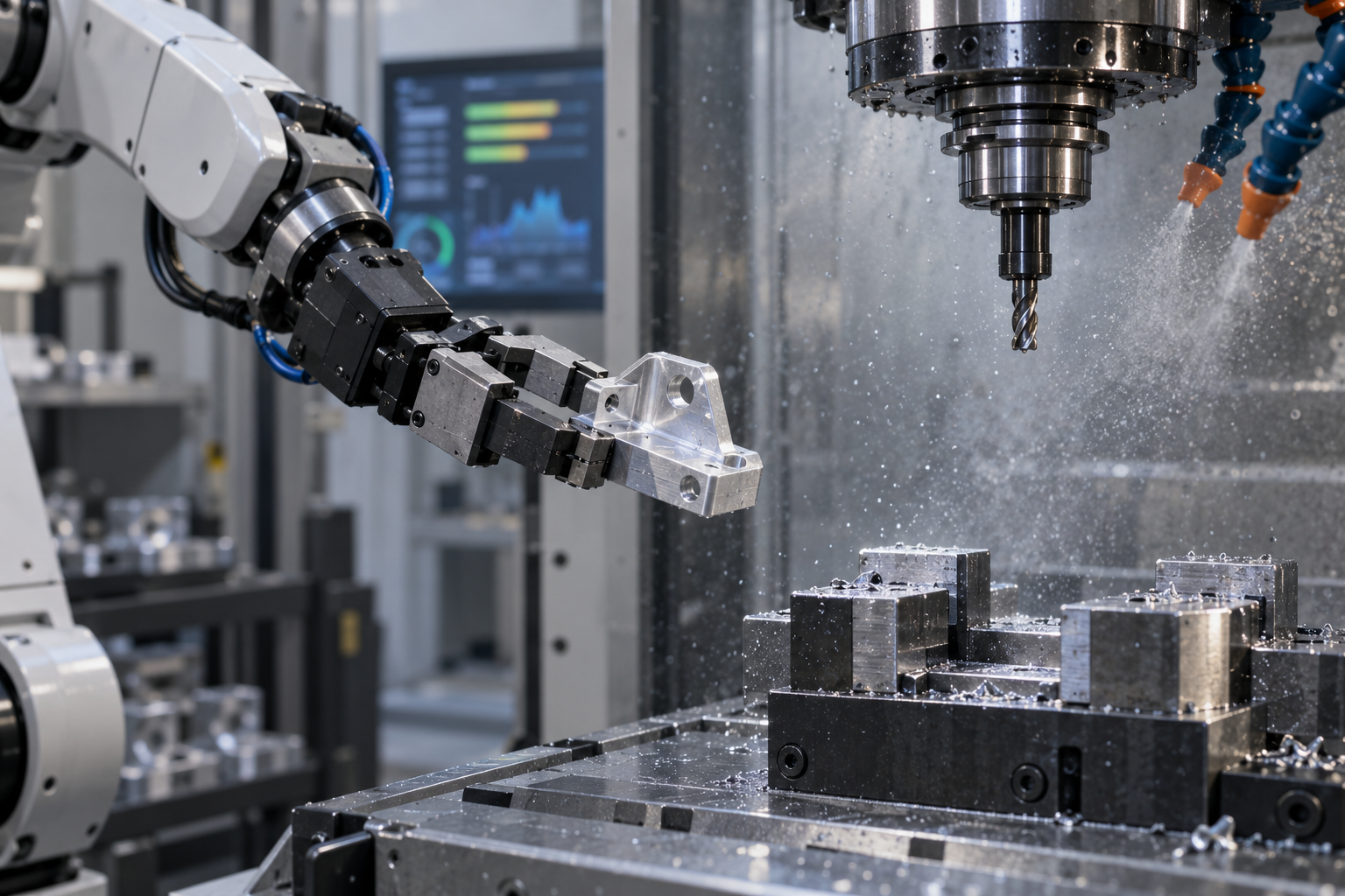 Gros plan à l'intérieur d'une cellule d'usinage CNC de précision, un bras robotisé effectue le chargement/déchargement devant la machine, un écran à côté affiche la durée de vie des outils et la courbe de charge de la broche