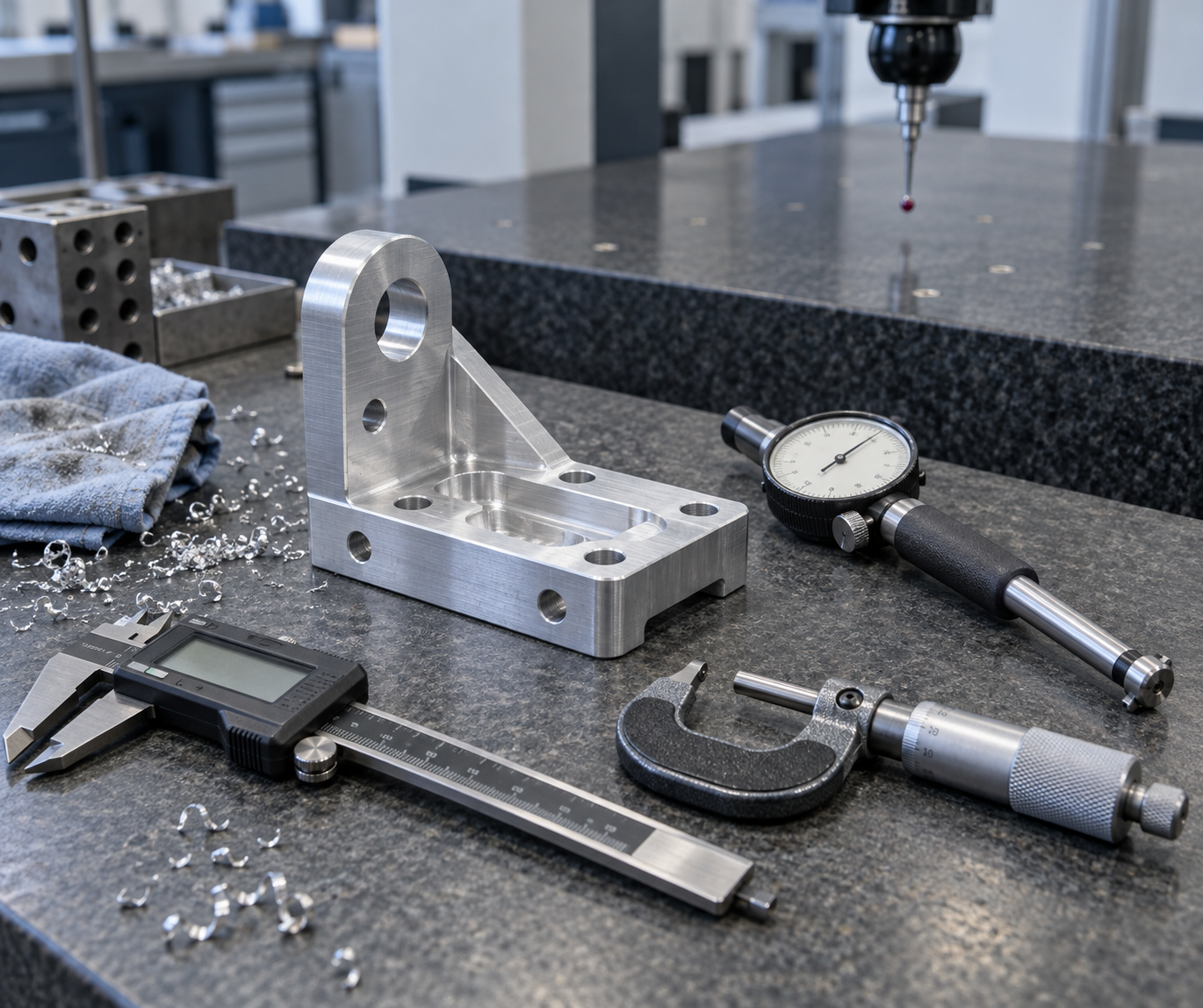 Inspection scenario for CNC machined parts: calipers, micrometers, and a bore gauge laid out on a bench, with a CMM touch probe and an aluminum part awaiting inspection beside them