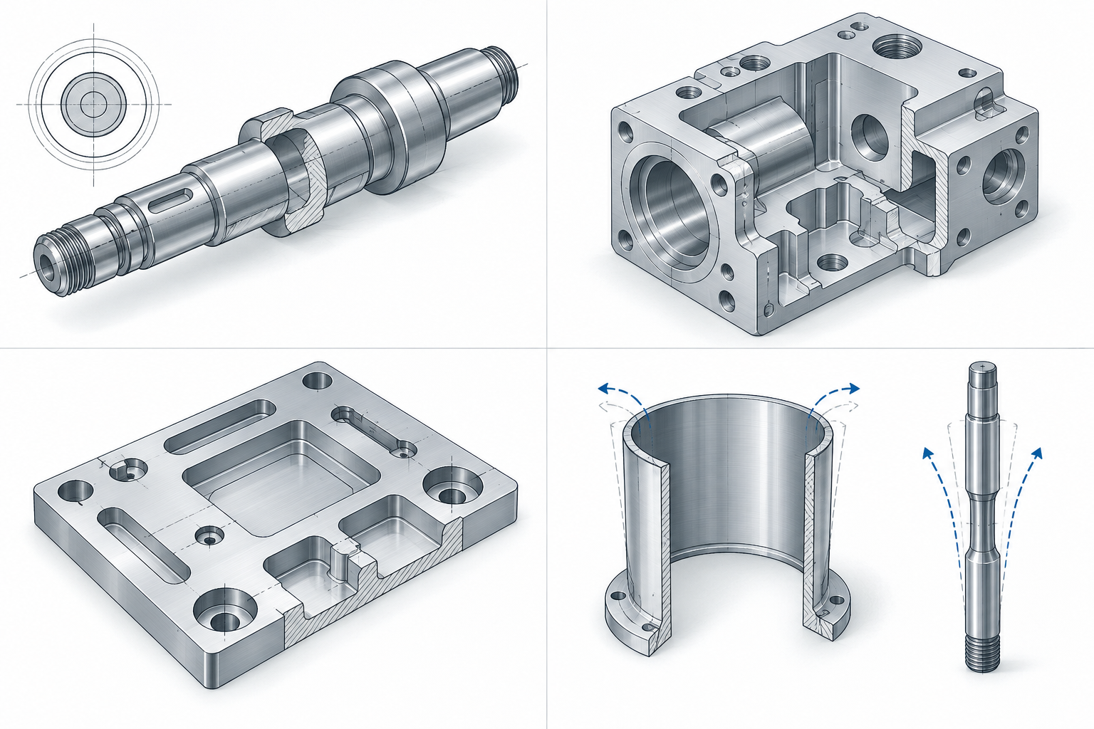 Comparison diagram of CNC machined parts classified by structure into four categories: rotational parts, box-type parts, plate-type parts, and thin-wall parts