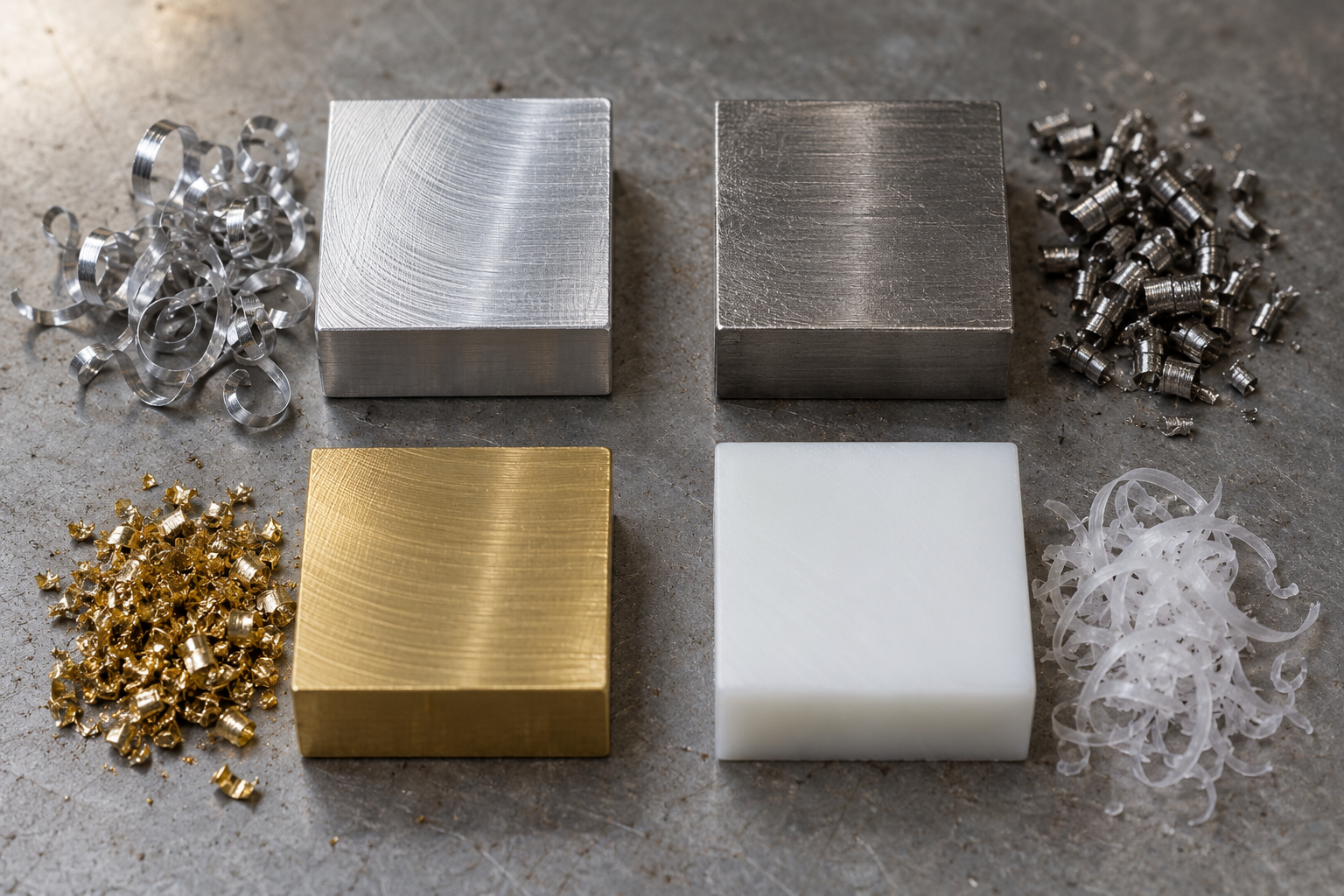 Macro comparison of chip morphology and surface quality for four typical materials in CNC machining (6061 aluminum, 304 stainless steel, brass, POM plastic)