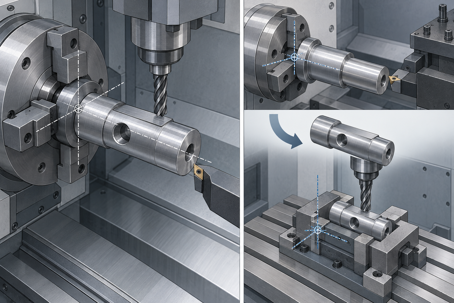 Schematic comparison of turn-mill multitasking versus separate-machine processing routes