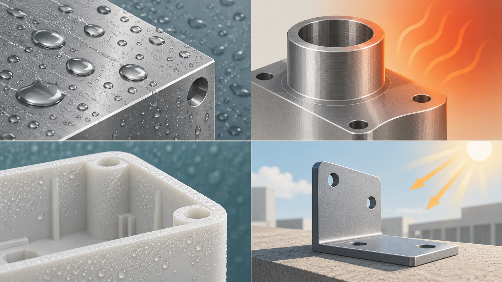 Schematische Einstufung von CNC-Materialien nach Umgebung: Vier Umgebungsbedingungen – Korrosion, Temperatur, Feuchtigkeit, UV – entsprechen unterschiedlichen Kandidatenmaterialien