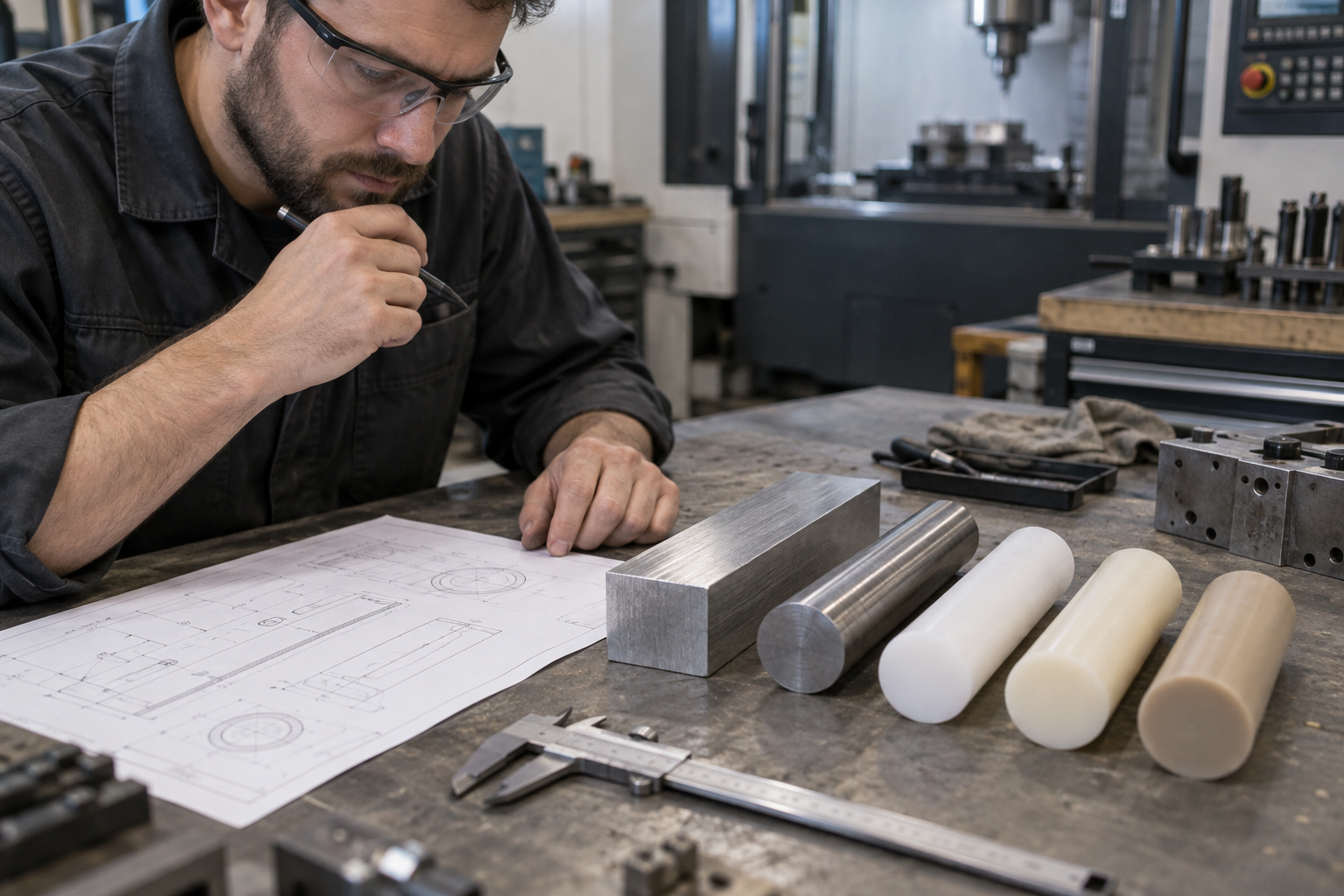 Ein Ingenieur vergleicht an einem Arbeitsplatz in der CNC-Werkstatt eine technische Zeichnung mit Materialproben; daneben liegen Stangen und Prüflinge aus Aluminiumlegierung, Edelstahl und technischem Kunststoff