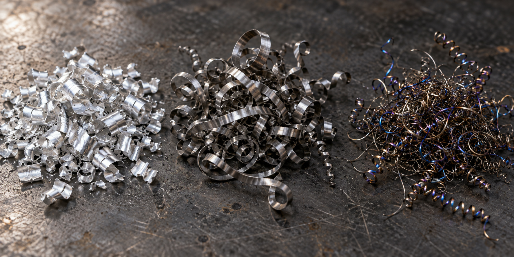 Vergleich der Metallspäne in der CNC-Bearbeitung: Unterschiede in Form und Farbe von Aluminium-, Edelstahl- und Titanspänen