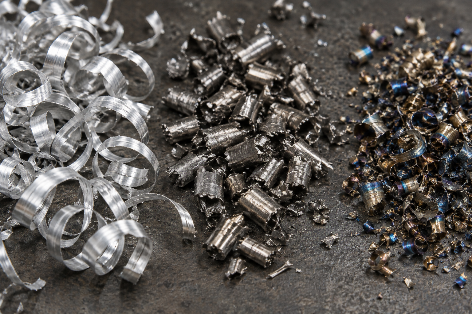 Vergleich der Spanformen verschiedener Materialien in der CNC-Bearbeitung: silbrig glänzende Aluminiumspiralspäne, kurze gebrochene Edelstahlspäne, feine Titanspäne mit Funkenbildung