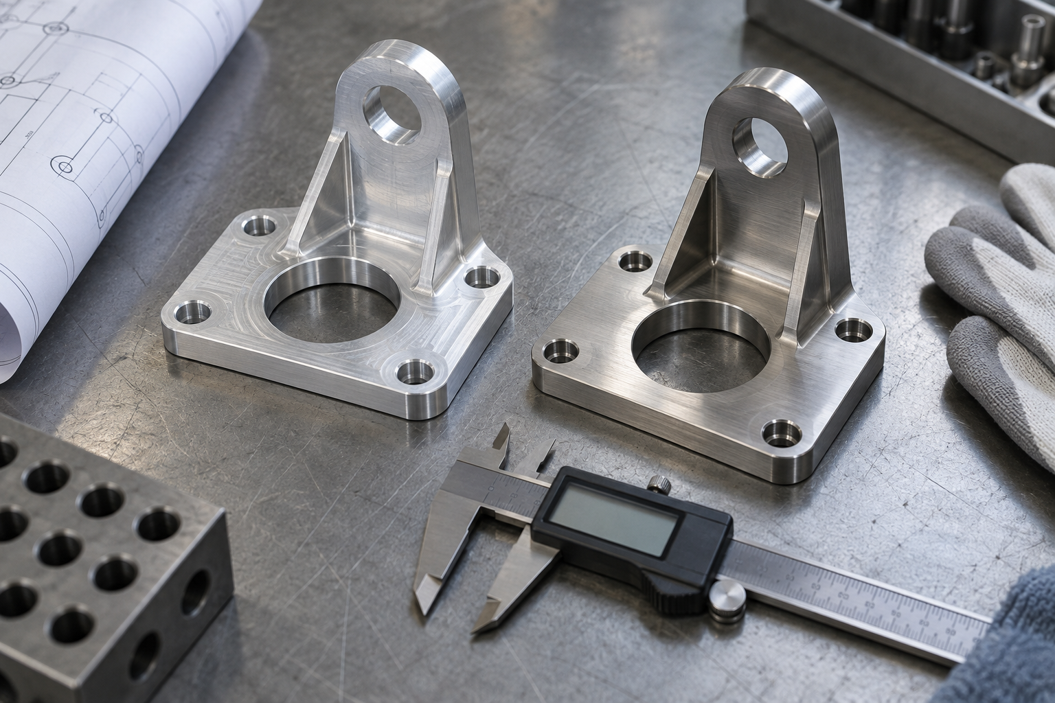CNC-Prototypenvalidierungsszenario: Auf dem Arbeitstisch stehen nebeneinander ein Aluminium-Musterteil und ein Edelstahl-Fertigungsteil desselben Konstruktionsentwurfs, daneben eine Schieblehre und eine technische Zeichnung, was den Vergleich zwischen Prototypenmaterial und endgültiger Werkstoffsorte zeigt