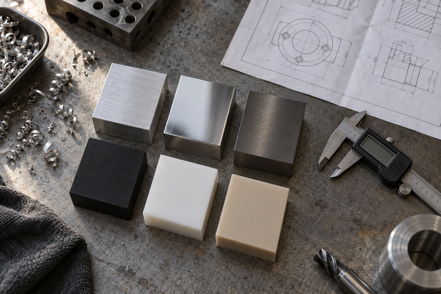 Mehrere Materialmusterblöcke, darunter Aluminiumlegierung, Edelstahl, Titanlegierung und technische Kunststoffe, nebeneinander auf der Werkbank einer CNC-Bearbeitungswerkstatt, daneben ein Messschieber und eine Zeichnung