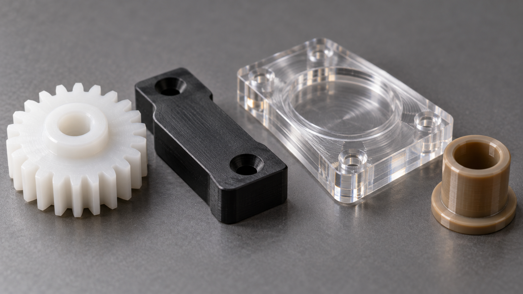 Beispiele für CNC-bearbeitete Teile aus technischem Kunststoff: POM-Zahnrad, Nylon-Verschleißteil, transparentes PC-Sichtfenster und hitzebeständiges PEEK-Teil nebeneinander angeordnet, Oberflächentextur und Schnittspuren deutlich sichtbar