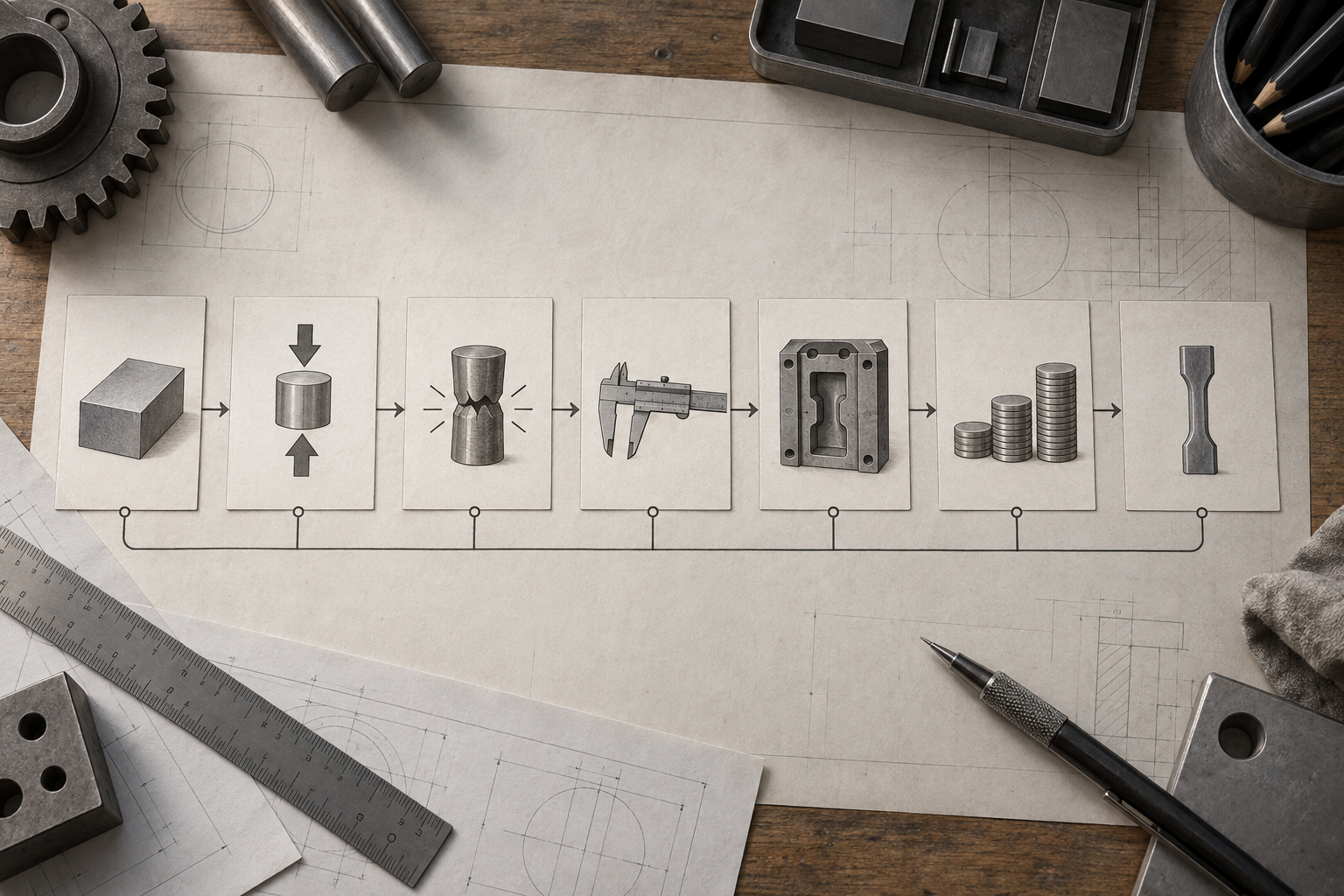 Un schéma de sélection des matériaux de style dessiné à la main, partant de la liste des exigences et s'enchaînant vers les modes de défaillance, les seuils de performance, les tolérances géométriques, le lot de fabrication, la comparaison des coûts et la validation sur échantillon, avec les livrables annotés à côté de chaque étape
