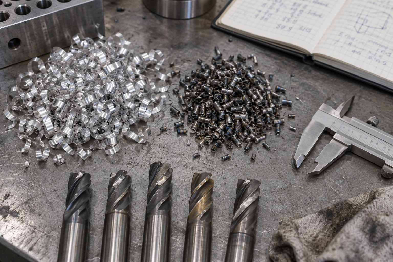 Sur l'établi de l'atelier, des copeaux d'aluminium et d'inox sont disposés côte à côte, à côté de plaquettes de fraise en bout usées à des degrés divers, pour comparer la consommation d'outils selon les matériaux