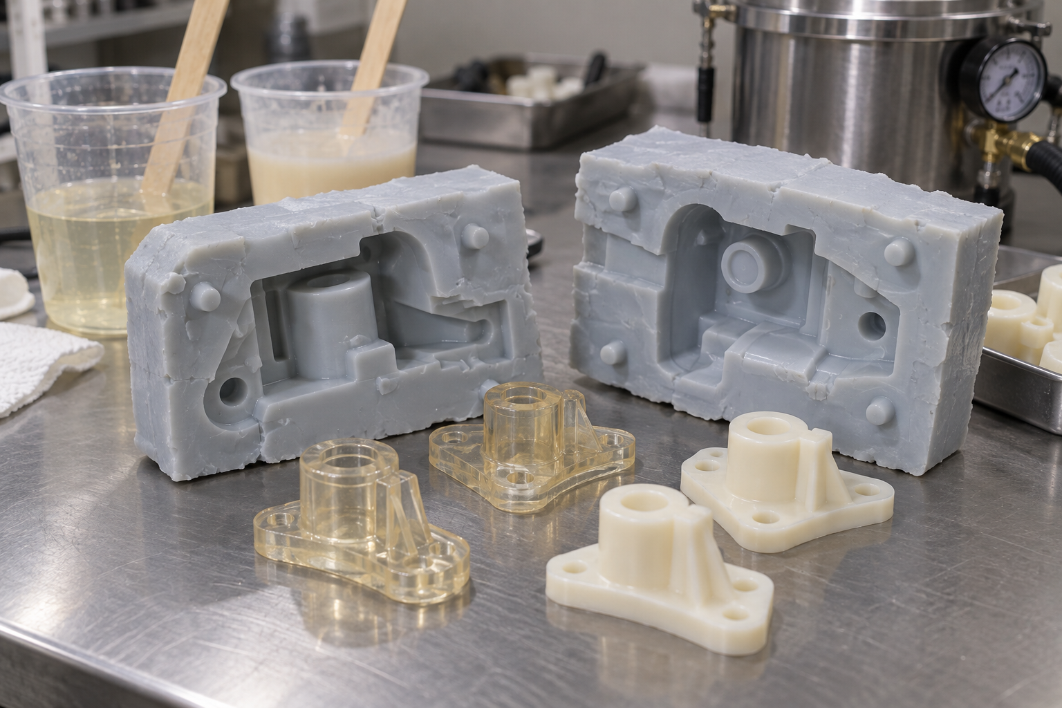 Scène d'atelier : moule en silicone de coulée sous vide et petites séries de pièces en polyuréthane