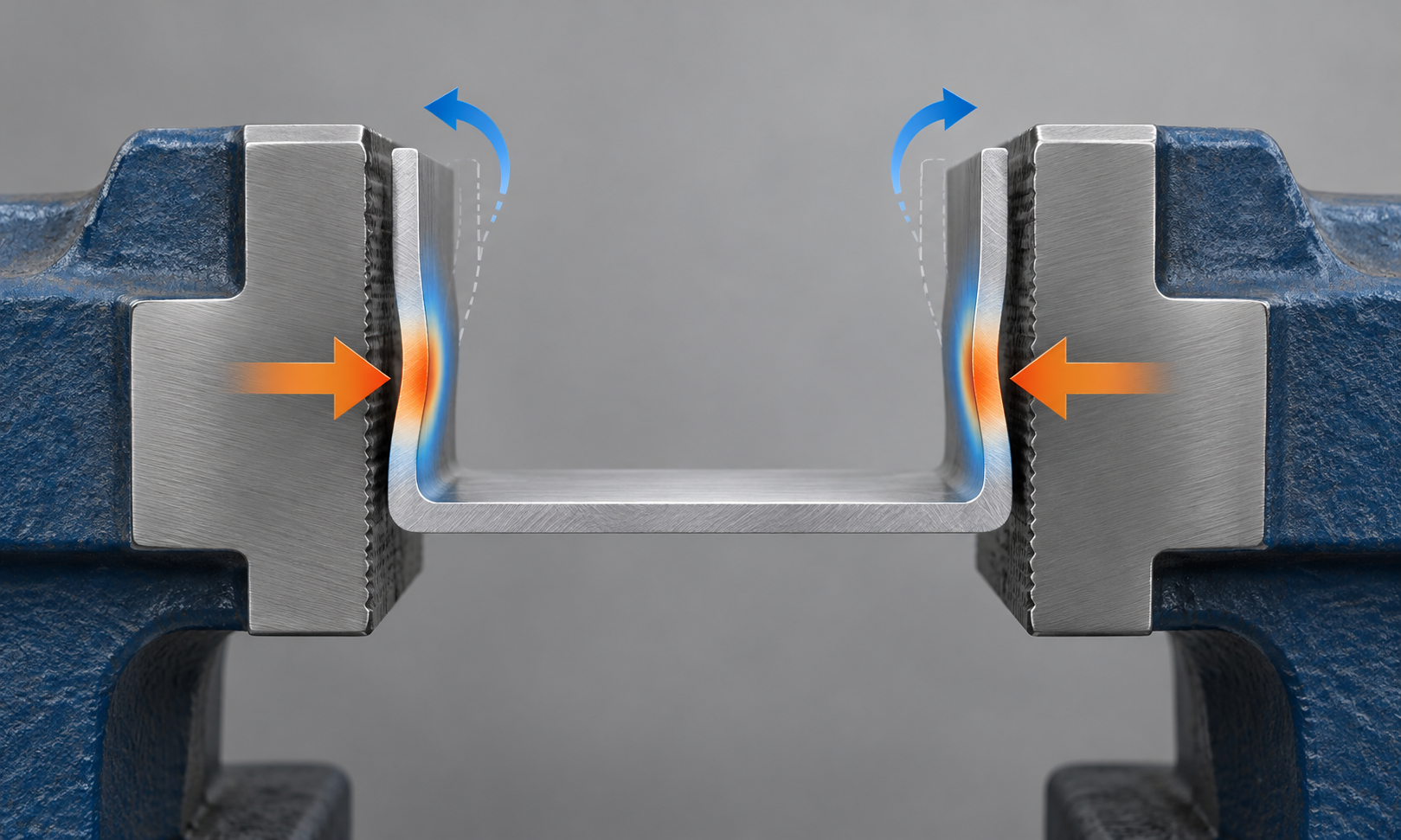 Coupe schématique d'une pièce en aluminium à paroi mince légèrement déformée après serrage dans un étau, avec annotations de l'épaisseur de paroi, de la direction de la force de serrage et de la direction du retour élastique