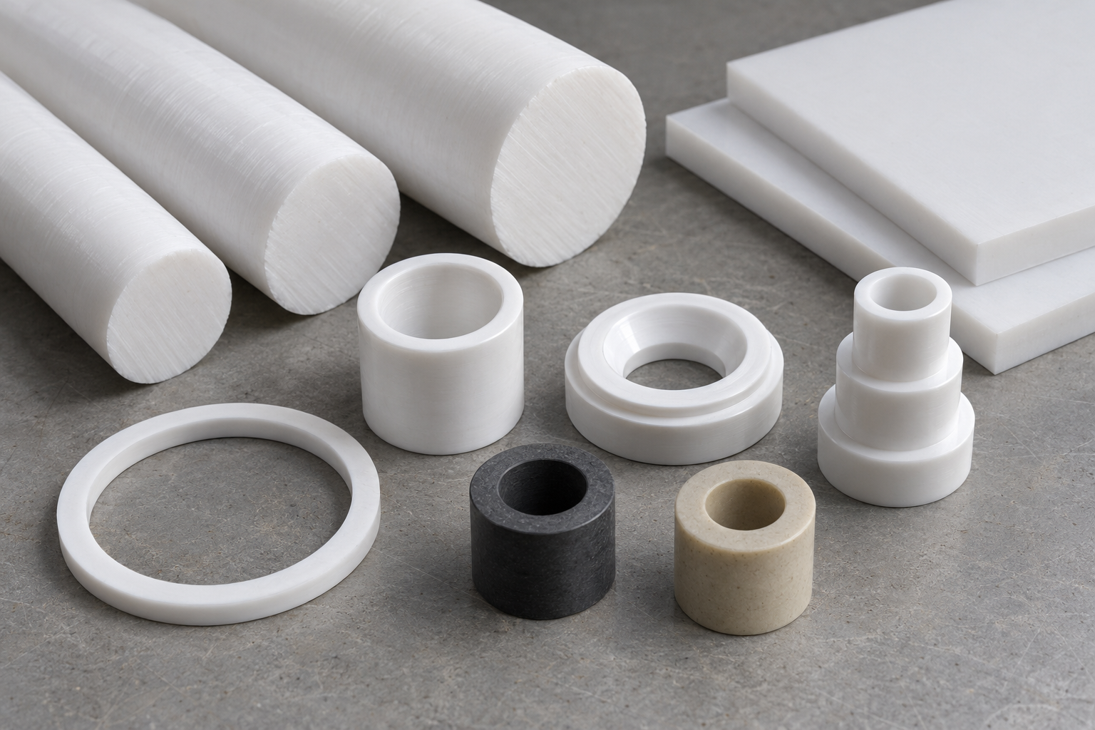 순수 PTFE 봉재 및 판재와 충전 PTFE 기계 가공 부품의 근접 비교