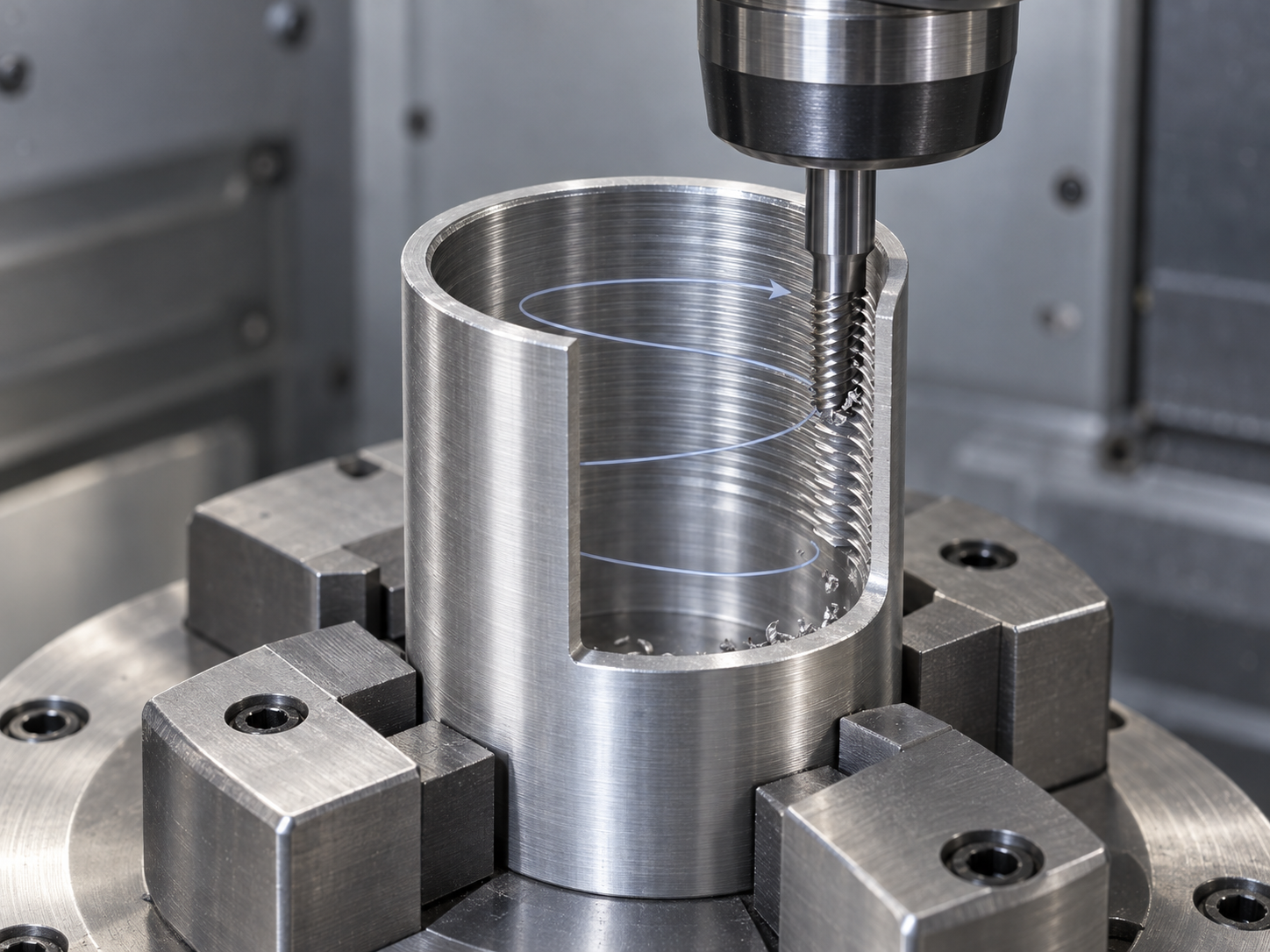 Technical illustration of a thread mill following a helical path to machine a thin-walled non-rotating workpiece