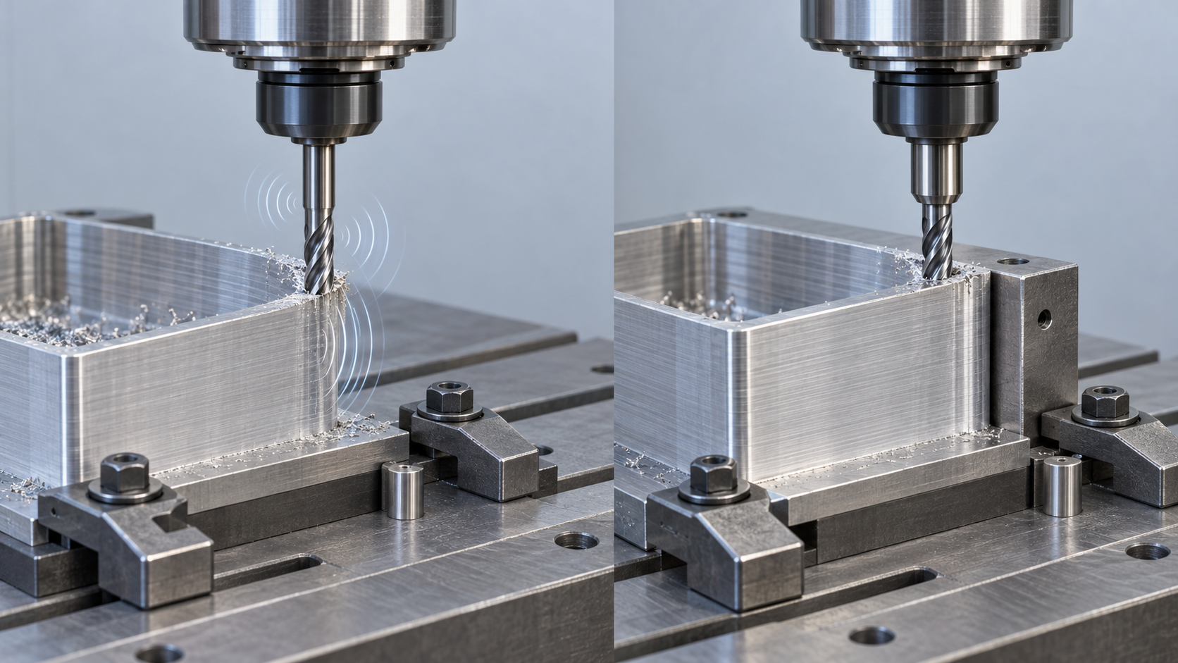 Configuración de mecanizado CNC que muestra la salida de la herramienta, un portaherramientas rígido, la sujeción de la pieza y los puntos de apoyo que afectan a las vibraciones de corte