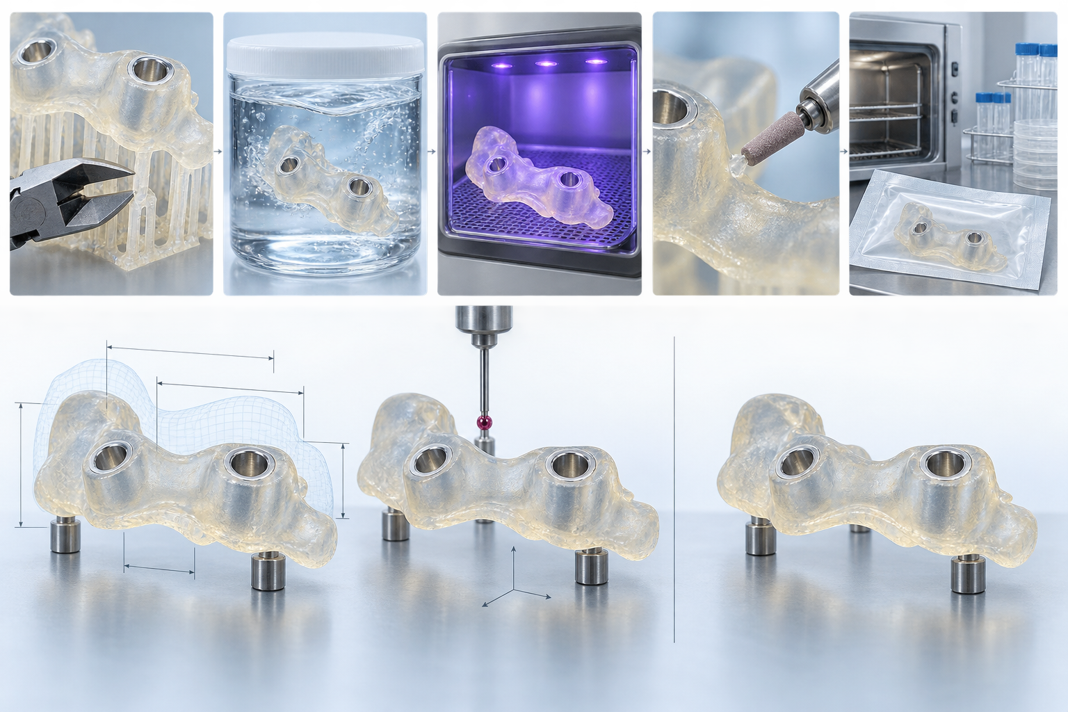 Illustration of the post-processing and pre-/post-sterilization verification workflow for 3D-printed surgical guides