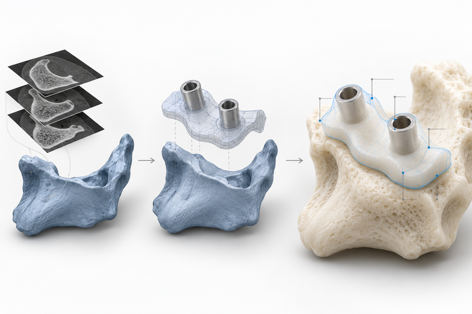 Proceso de verificación de la precisión en tres niveles: datos de imagen, modelo CAD, pieza terminada de la guía quirúrgica impresa en 3D y comprobación del ajuste con la superficie ósea