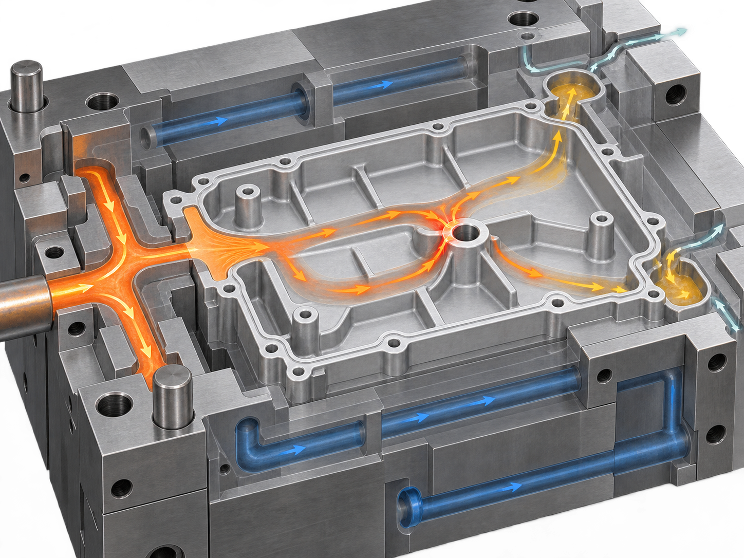 Schematic of the gate, overflow wells, venting channels, and last-fill areas of an aluminum alloy die-cast sealing housing