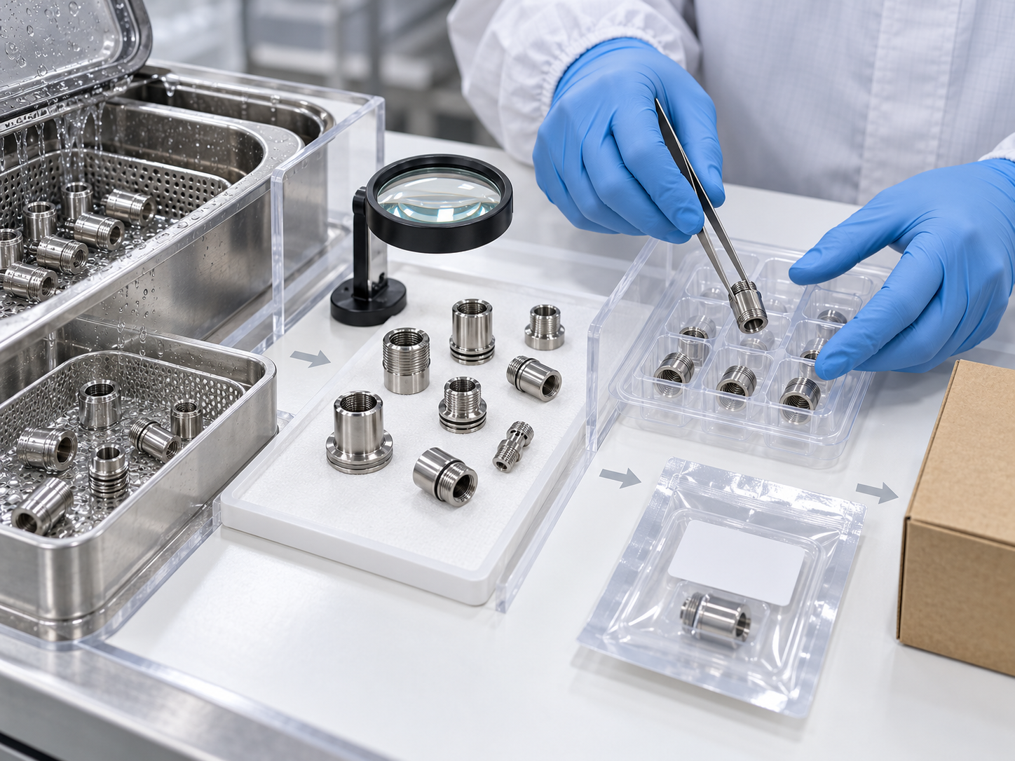 Delivery scenario for precision-machined medical device metal parts after final cleaning, clean handling, and layered packaging