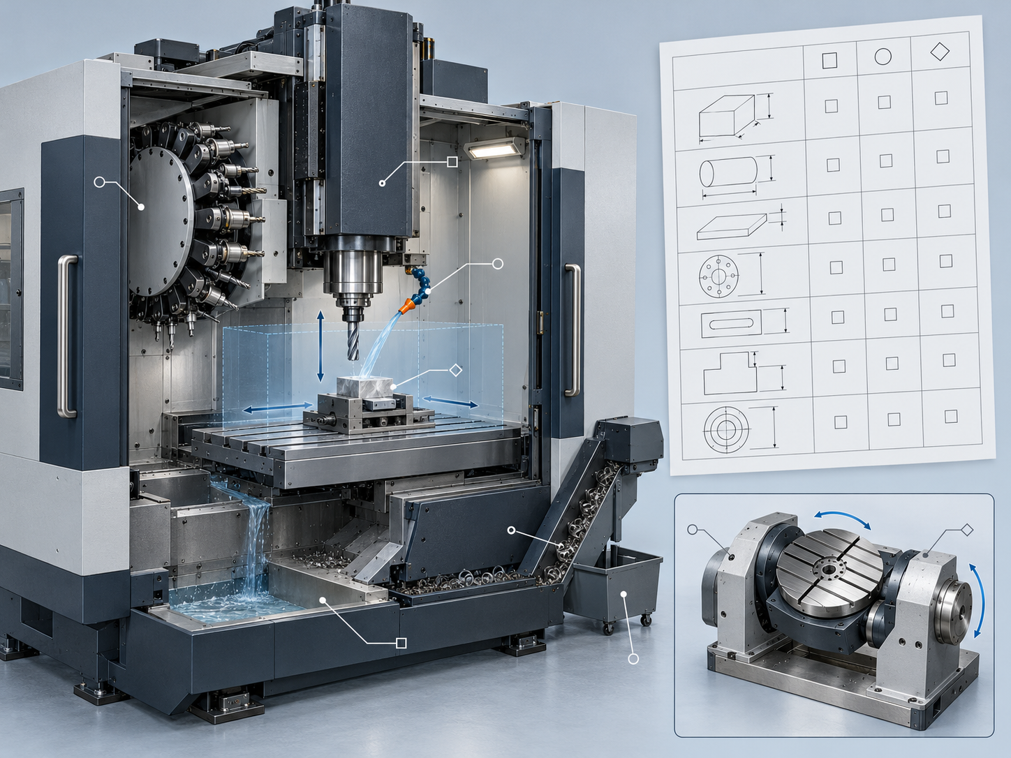 Übersicht zur Bewertung der Bearbeitungskapazität einer CNC-Fräsmaschine, die den Zusammenhang zwischen Teileanforderungen, Maschinenparametern und Prüfverfahren darstellt