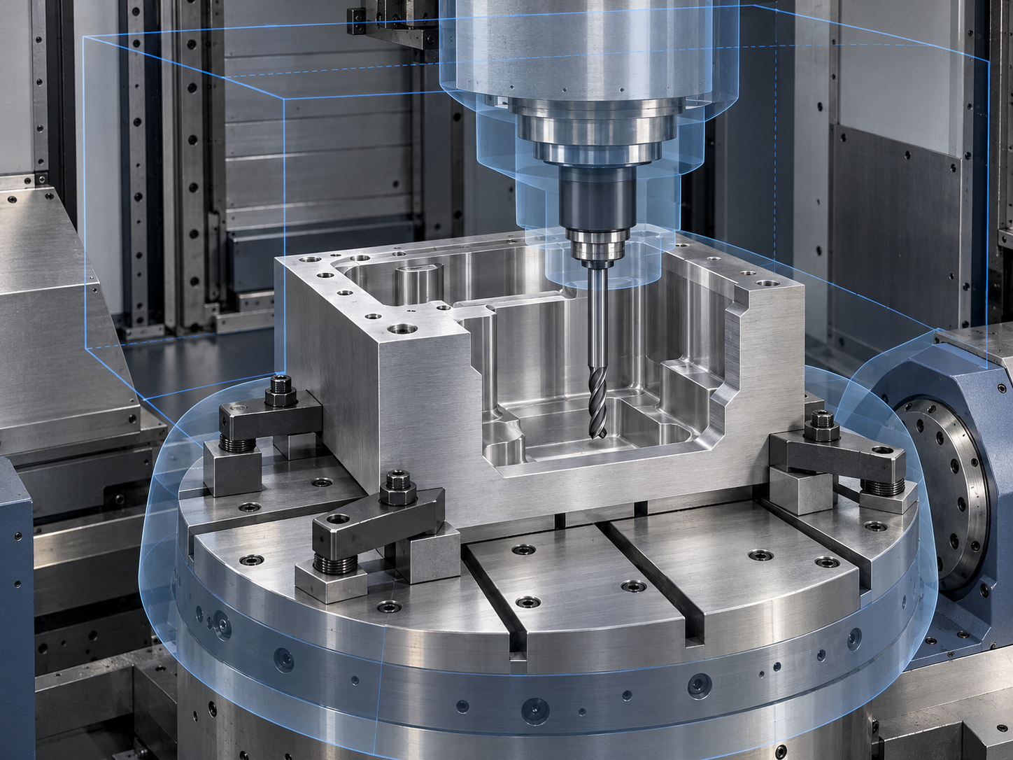 Schematische Darstellung der Werkzeugzugänglichkeit und der Kollisionen mit der Spannvorrichtung im eingespannten Zustand einer CNC-Fräsmaschine