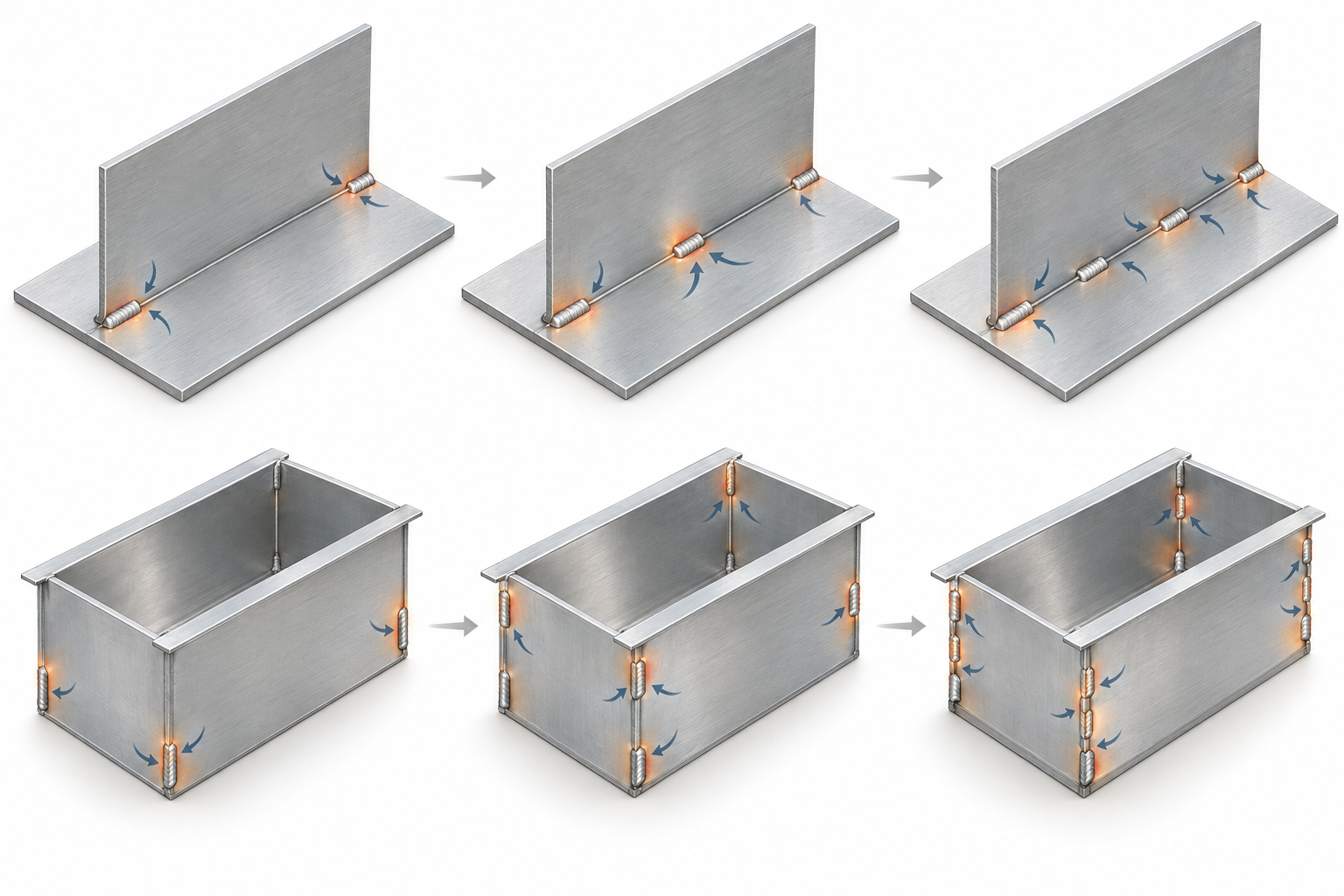 Diagrama esquemático de la secuencia de soldadura intermitente, simétrica y alternada para un soporte en T de chapa fina de aleación de aluminio