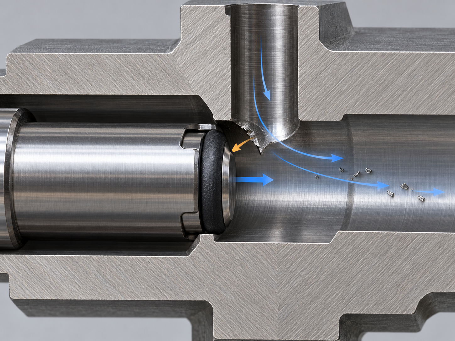 Illustration of a thin flared edge at the intersection of internal cross-holes in a steel valve body and the seal's movement path