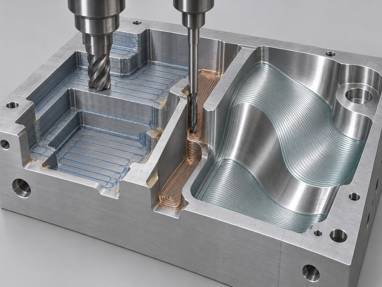 Comparison of five-axis roughing, rest machining, and finishing toolpaths on a complex curved part
