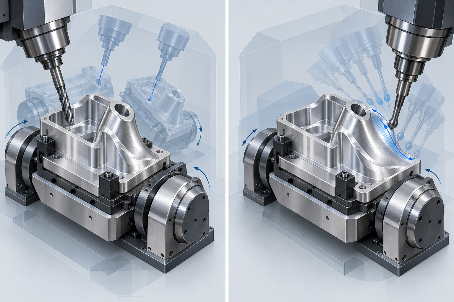 3+2 indexing machining compared with simultaneous five-axis milling on a complex part