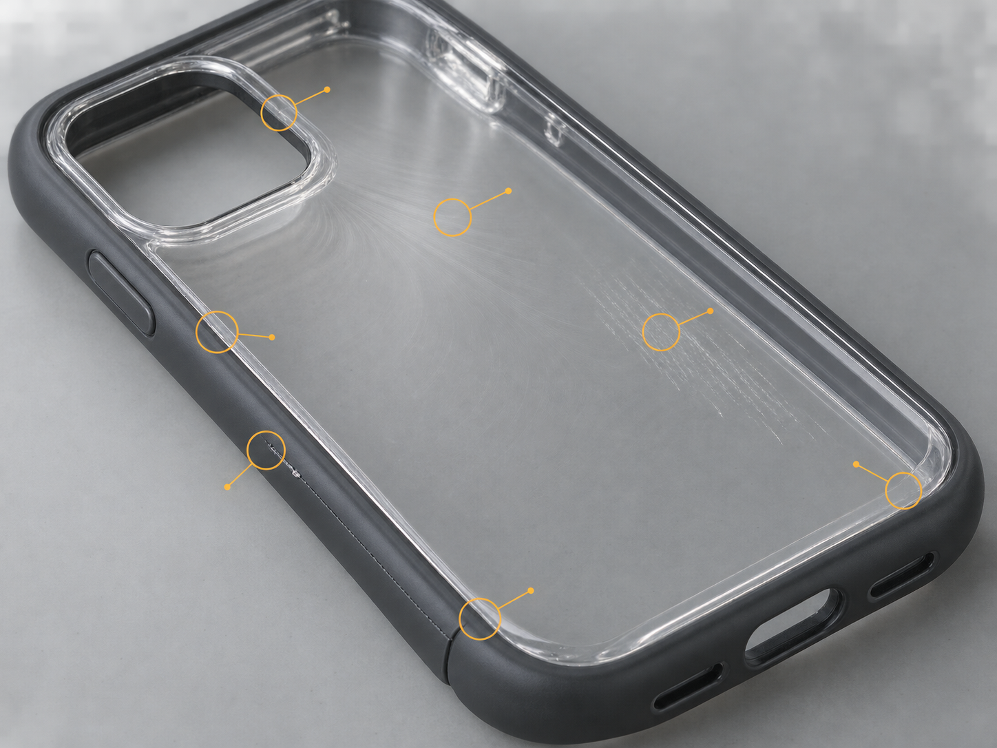 Illustration of injection-molded appearance and interface inspection for a transparent PC smartphone case shell with a TPU edge
