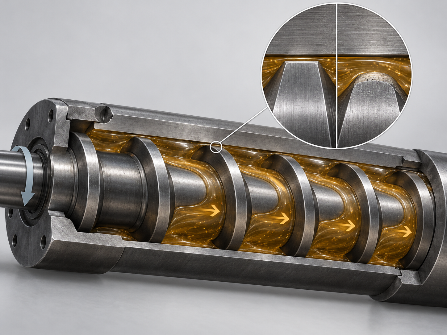 Technical cutaway illustration showing wear between a plastic extruder screw flight and barrel inner surface